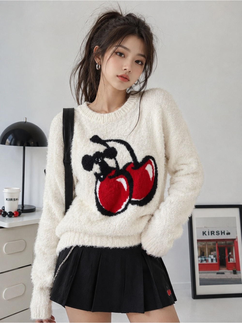 KIRSH x TYAKASHA Cream Fuzzy Cherry Intarsia Knit Sweater Korean Streetwear